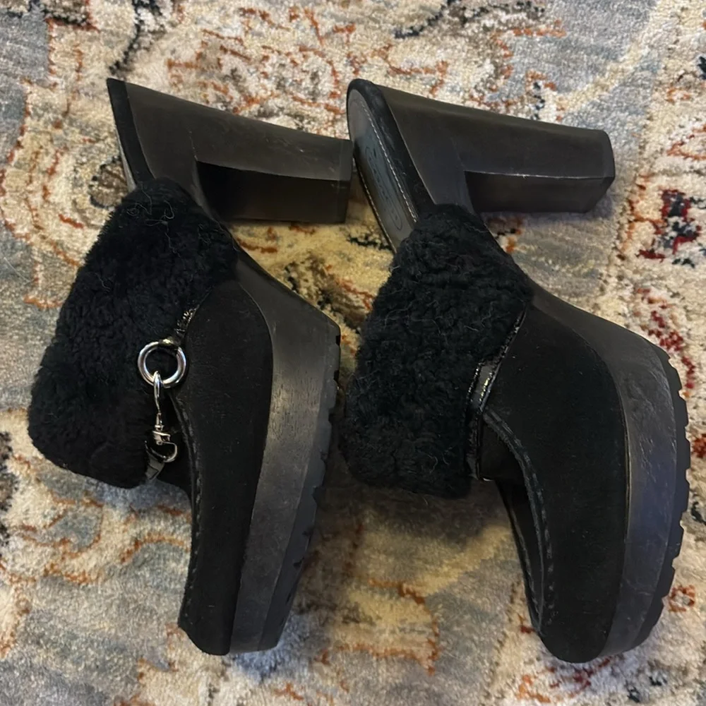 COACH IDYLE Shearling leather black clog heels rare $328 9 silver Designer - Picture 5 of 11